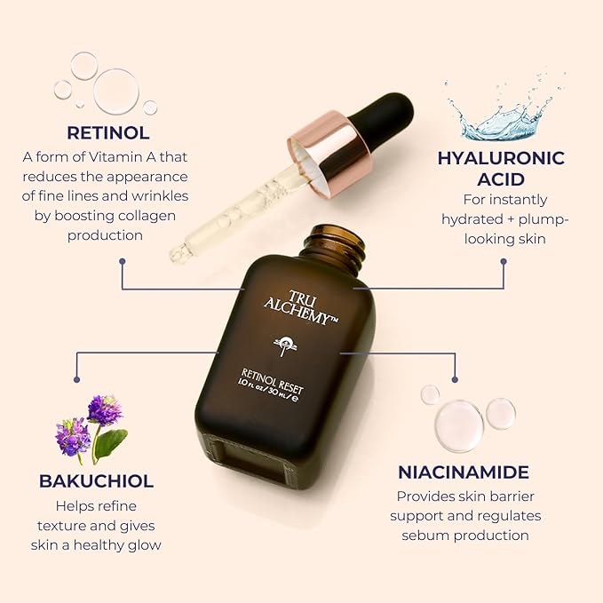 Tru Alchemy Retinol Reset Revitalizing Retinol Serum for face - Wrinkle Appearance Serum & Retinol Cream for Face w/Bakuchiol, Niacinamide for Overnight Renewal w/Long-Term Radiance - 1 fl oz