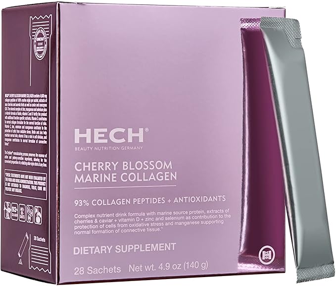 HECH Cherry Blossom Marine Collagen - Drink Sachets for Youthful Glow with 4,600 mg of Marine Collagen and an Antioxidant Matrix with Natural Plant Extracts