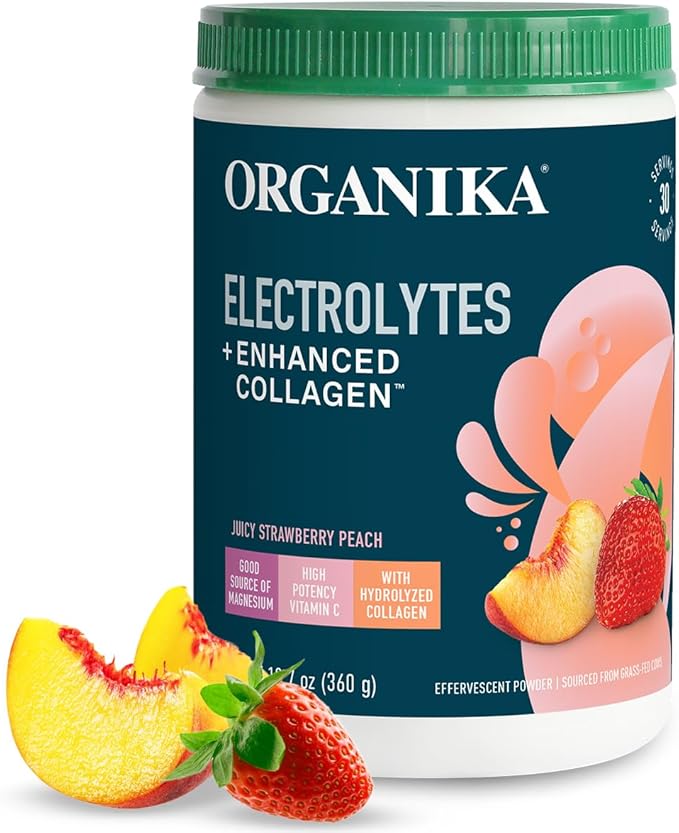 Organikа Electrolytes with Enhanced Collagen Powder for Women & Men - 360g - Strawberry Peach-Flavored Effervescent Electrolyte & Collagen Drink Mix - Deep Hydration, Mobility, Skin, Hair, & Nails