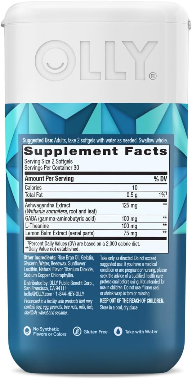 OLLY Ultra Strength Goodbye Stress Softgels, GABA, Ashwagandha, L-Theanine and Lemon Balm, Stress Relief Supplement - 60 Count