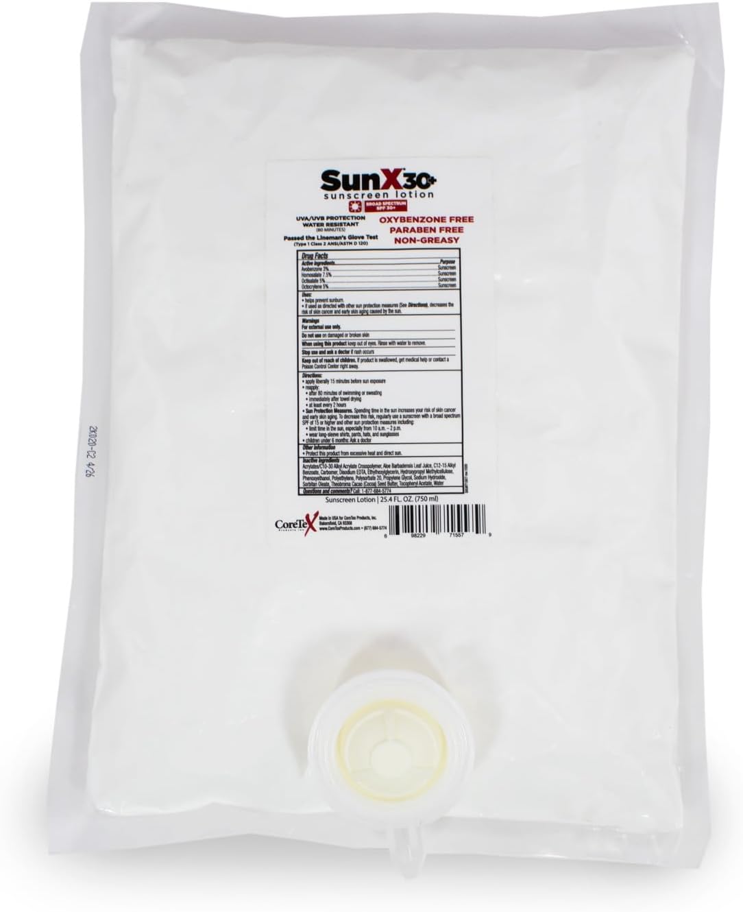 CoreTex Sun X 30+ SPF Broad Spectrum Sunscreen Lotion (Refill Bag ONLY) - 25.4oz of Paraben, Oxybenzone, Octinoxate, & Oil Free Sunscreen - No White Cast and Water & Sweat Resistant Up to 80 Minutes