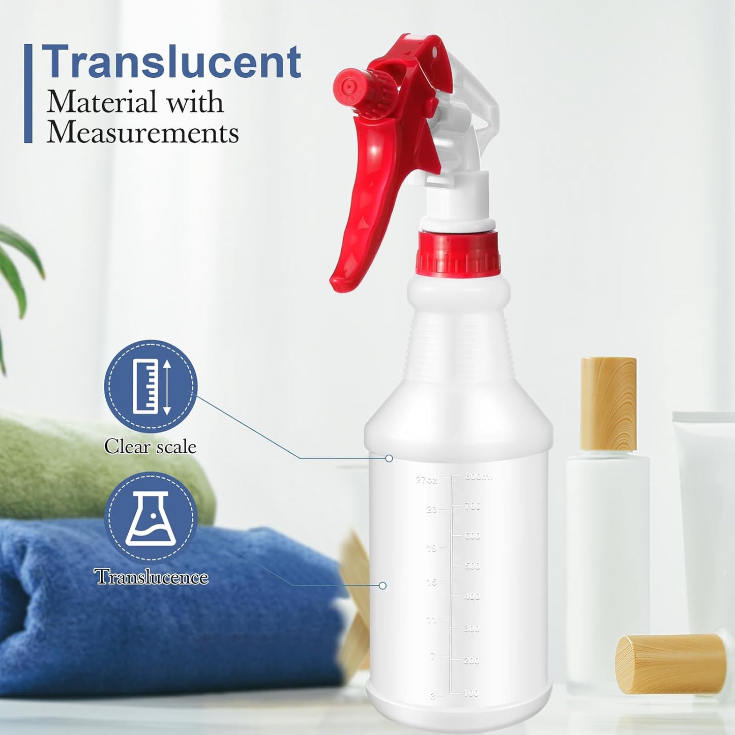 Zubebe 24 Pack 32 oz Plastic Spray Bottle Bulk Empty Leakproof Heavy Duty Spray Bottles for Cleaning Supplies Mist Bottles with Label and Adjustable Nozzle for Plant(Blue, Red, Green,Clear Scale)