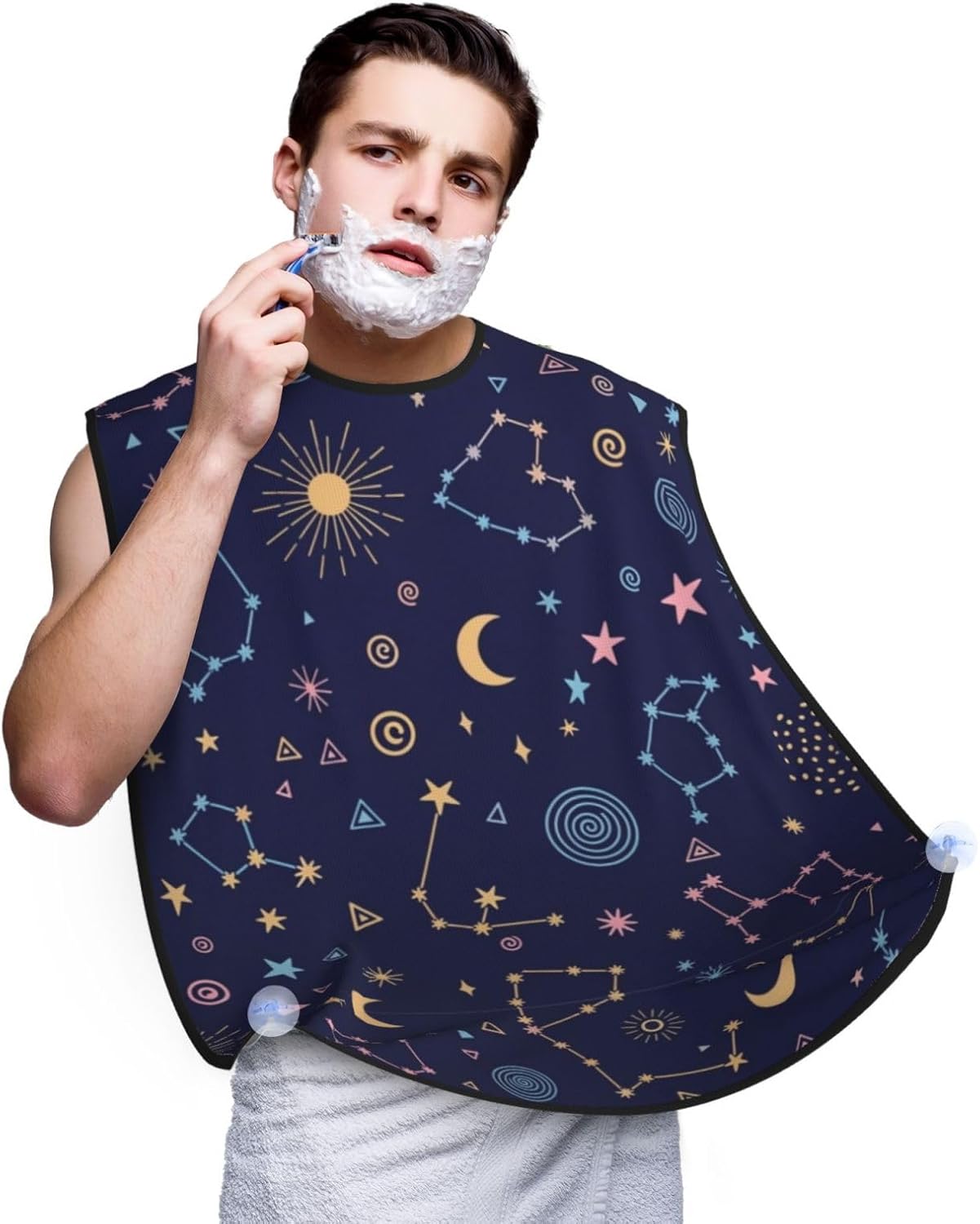 Beard Hair Catcher Bib, Waterproof Non-Stick Grooming Apron for Shaving Trimming, Perfect for Men Dad, Space Galaxy Zodiac Star Constellation Print Shave Bib