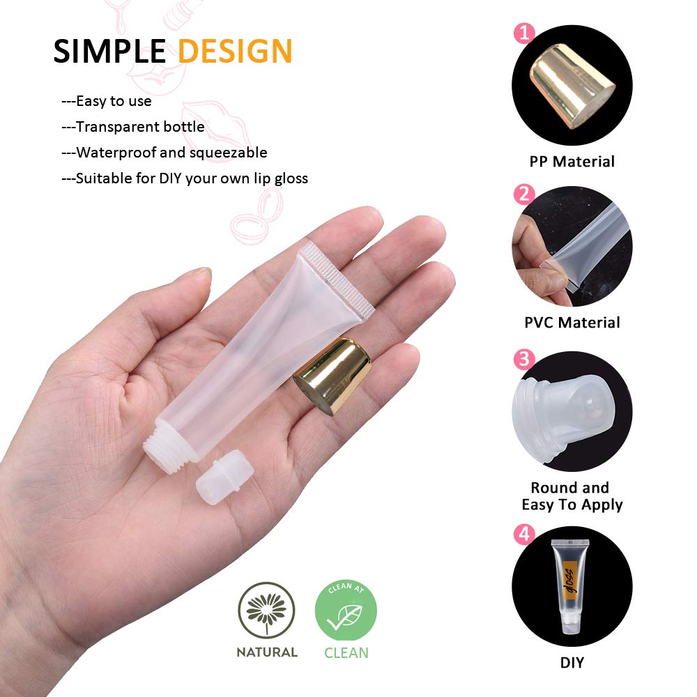 AMORIX 50PCS Lip Gloss Tubes 20ml Gold Cap Lip Gloss Containers Empty Lip Balm Tubes Refillable Cosmetic Squeeze Lipgloss Tubes + 2 x 20ml Syringes Tag Labels for DIY Lip Gloss Glitter