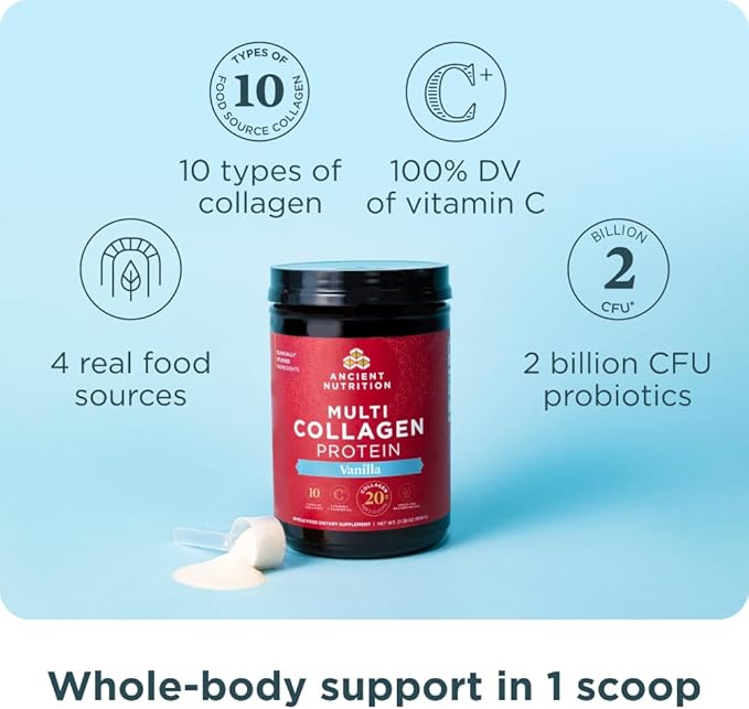 Collagen Powder Protein by Ancient Nutrition, Multi Collagen Vanilla Protein Powder, 45 Servings, with Vitamin C, Hydrolyzed Collagen Peptides Supports Skin and Nails, Gut Health, 16.7oz