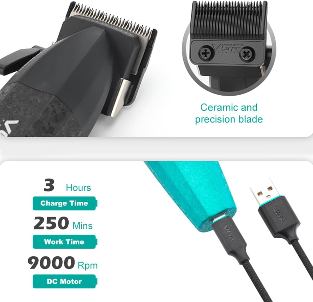 VGR 640S2 Professional Hair Clippers for Men, 9000RPM Cordless Barber Clippers and Trimmers Set, Zero Gap T-Blade Hair Cutting Kit, DLC Coated Ceramic Blade Barber Kit with LED Display(Green)