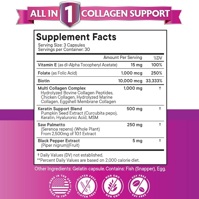 NEW AGE Collagen Pills Biotin Keratin Saw Palmetto Hyaluronic Acid- Vitamin E Folic Acid Pumpkin Seed MSM- 270 Count