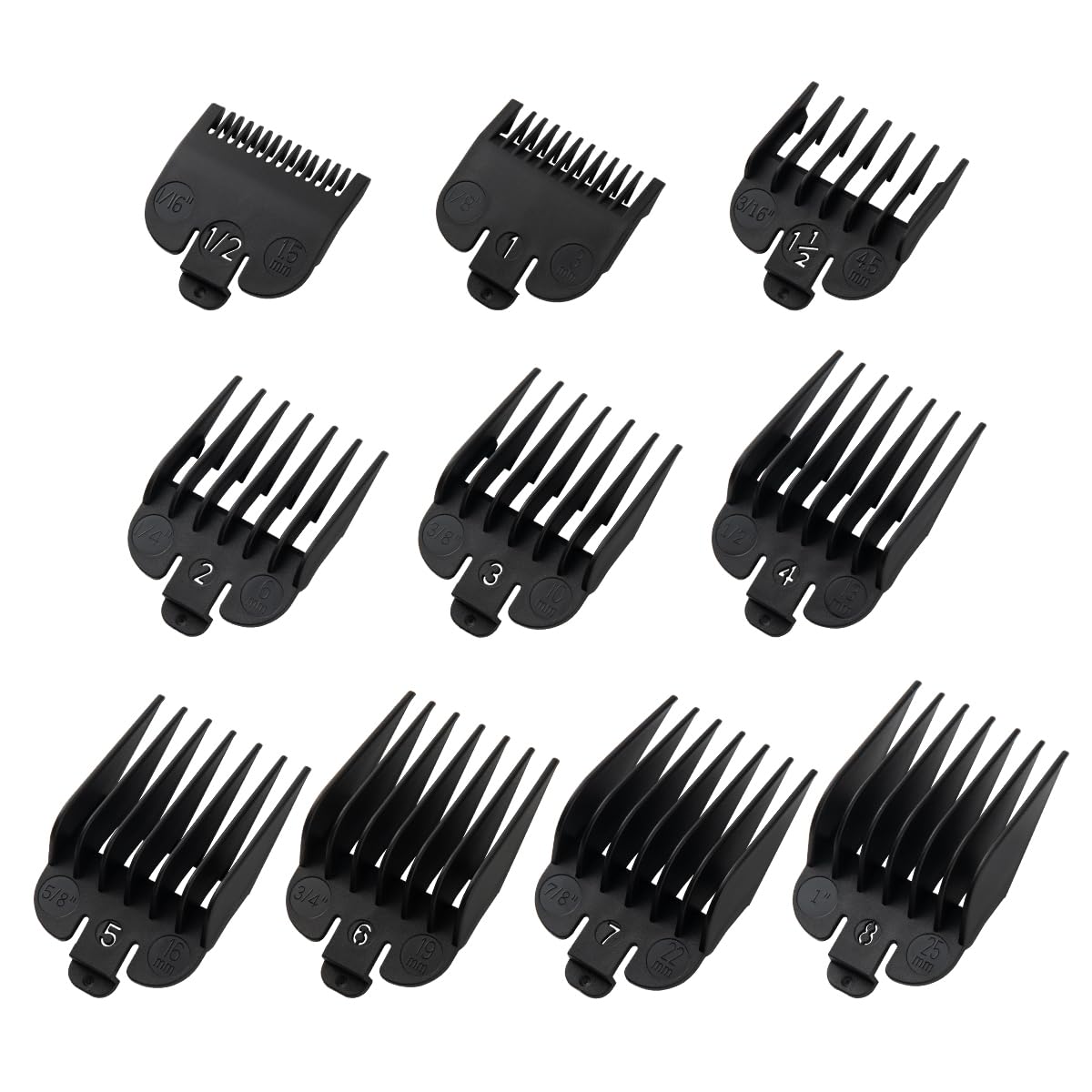 Clipper Guards Set Compatible with Wahl Clippers (Not for All Models), Clipper Guides Replacement - 1/16" to 1", 10 Piece Set, Black Color