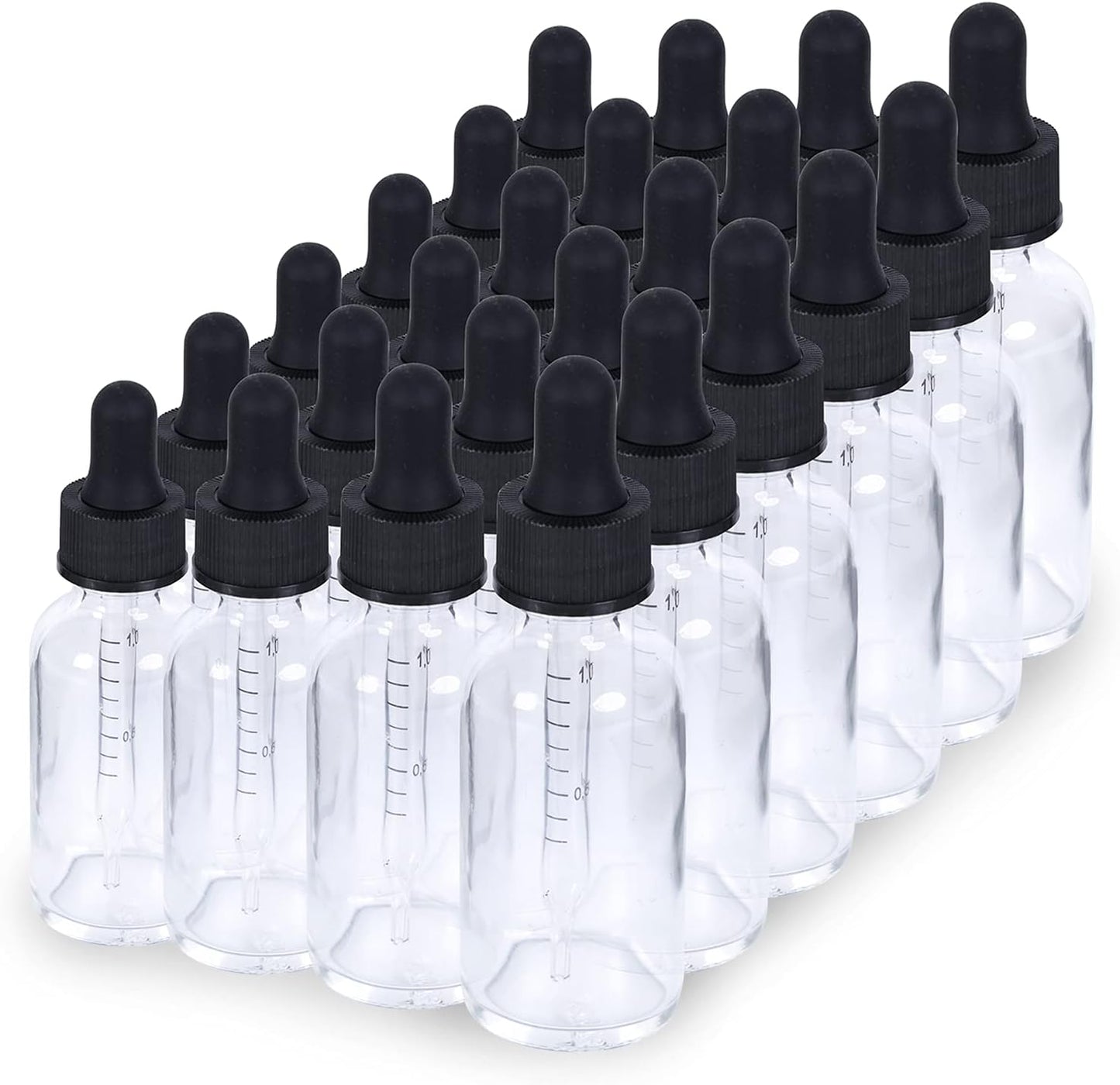 1 oz Dropper Bottle 24 Pack Clear Glass Boston Bottles 30ml with Eye Droppers Black Caps for Essential Oils, Perfume, Leak Proof Travel Bottles for Liquids