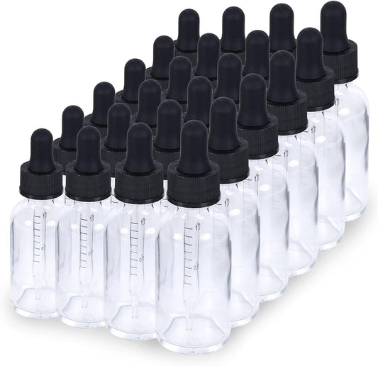 1 oz Dropper Bottle 24 Pack Clear Glass Boston Bottles 30ml with Eye Droppers Black Caps for Essential Oils, Perfume, Leak Proof Travel Bottles for Liquids