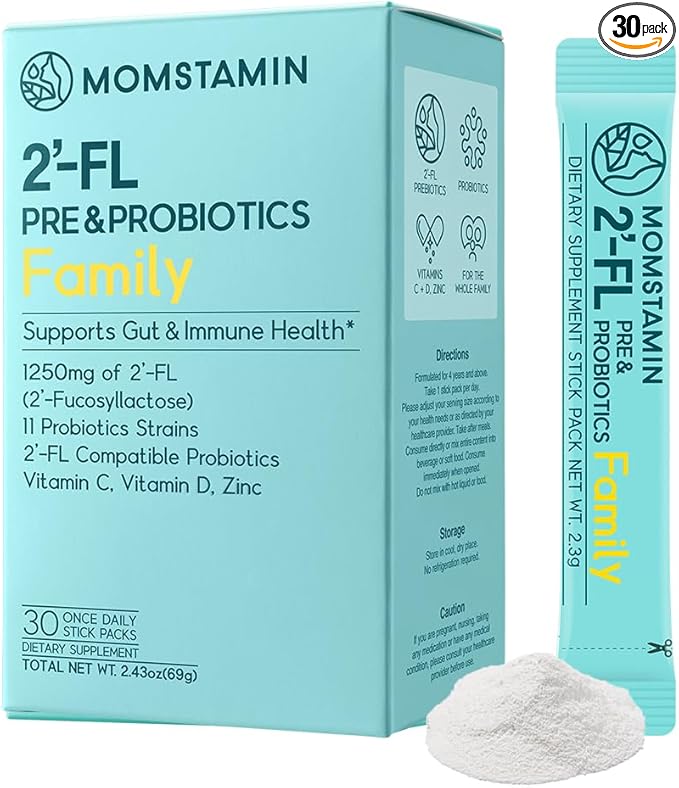 MOMSTAMIN 2'-FL HMO Prebiotics Probiotics Powder, 11 Strains, 30 Sticks