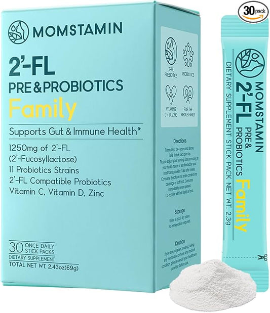 MOMSTAMIN 2'-FL HMO Prebiotics Probiotics Powder, 11 Strains, 30 Sticks