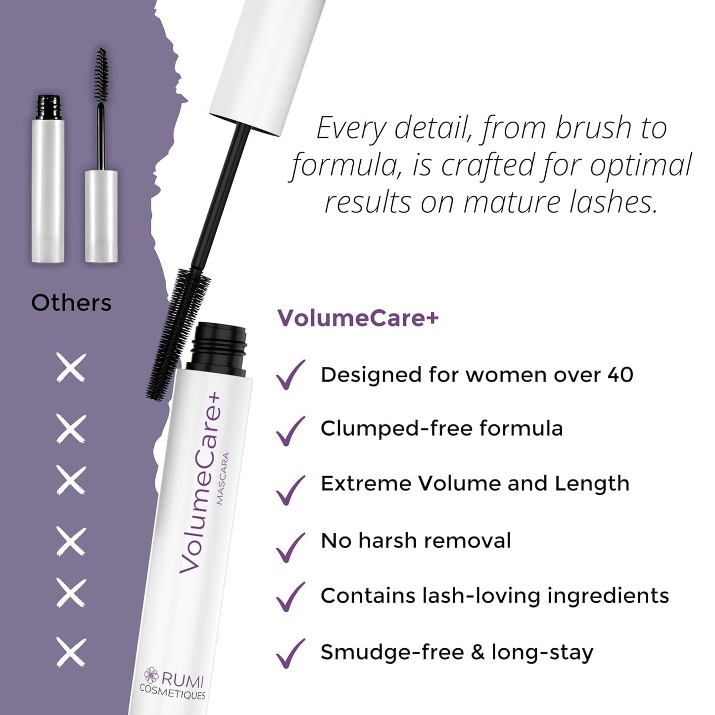 Rumi Cosmetiques VolumeCare+ Mascara For Older Women - Extreme Length and Volume 2-in-1 Formula - No Clumps, Long-Wearing, Hypoallergenic Mascara For Sensitive Eyes (Natural Black)