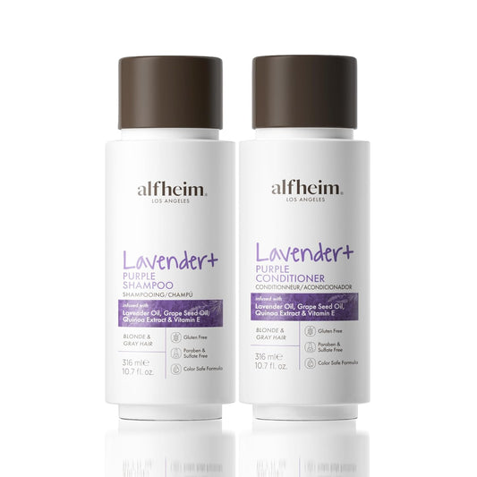 ALFHEIM Lavender+ Purple Shampoo & Conditioner Set for Blonde, Silver & Color-Treated Hair – Restores Cool Shine & Smoothness – with Quinoa Extract & Vitamin E – Sulfate Free – Travel Size 10.7 oz × 2