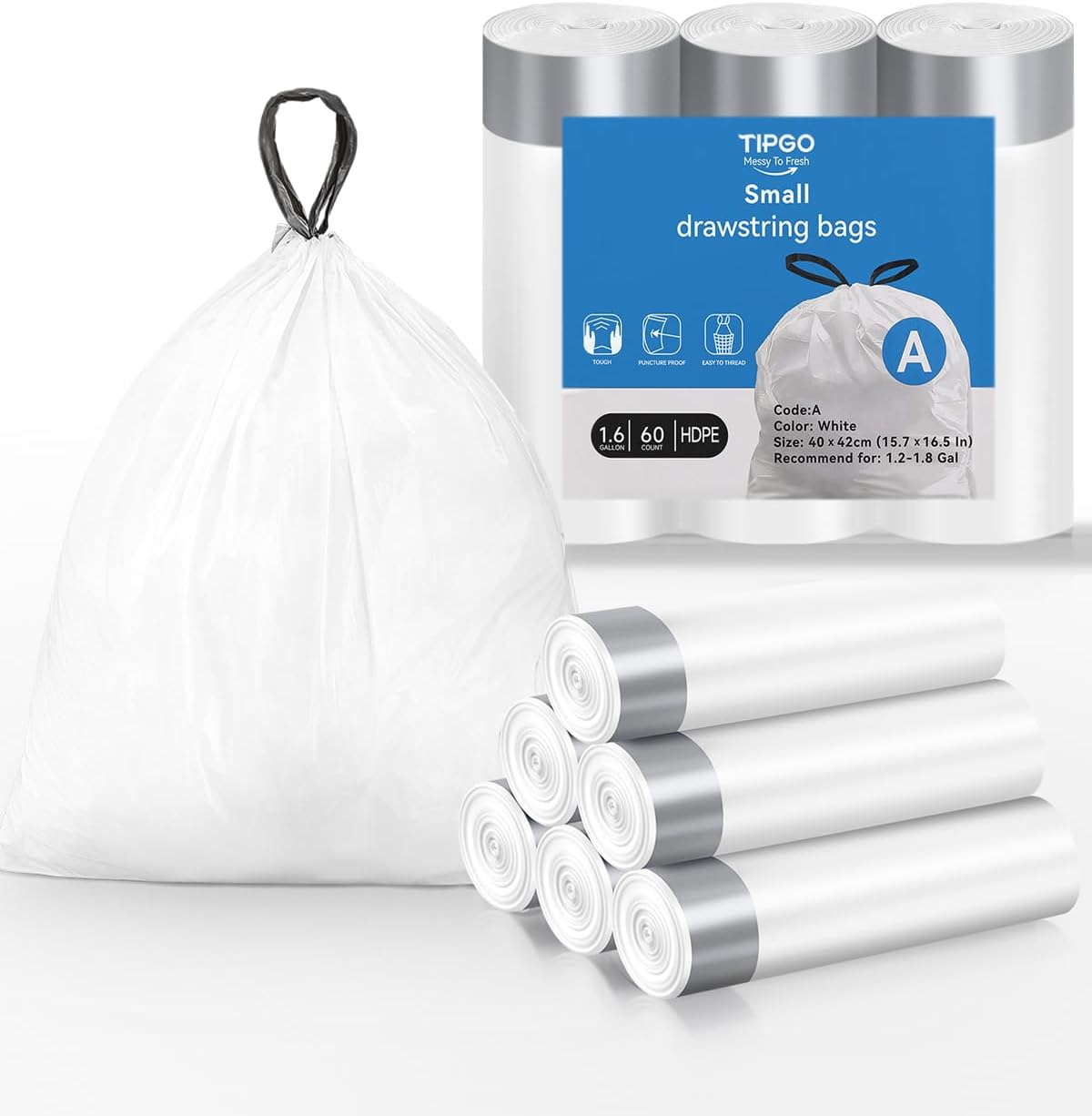 TIPGO Drawstring Trash Bags 60 Count, Pre-Cut 1.6 Gallon Small Garbage Bags, Fit 1.2-1.8 Gallon Trash Bin for Home, Office, Bathroom (Code A)