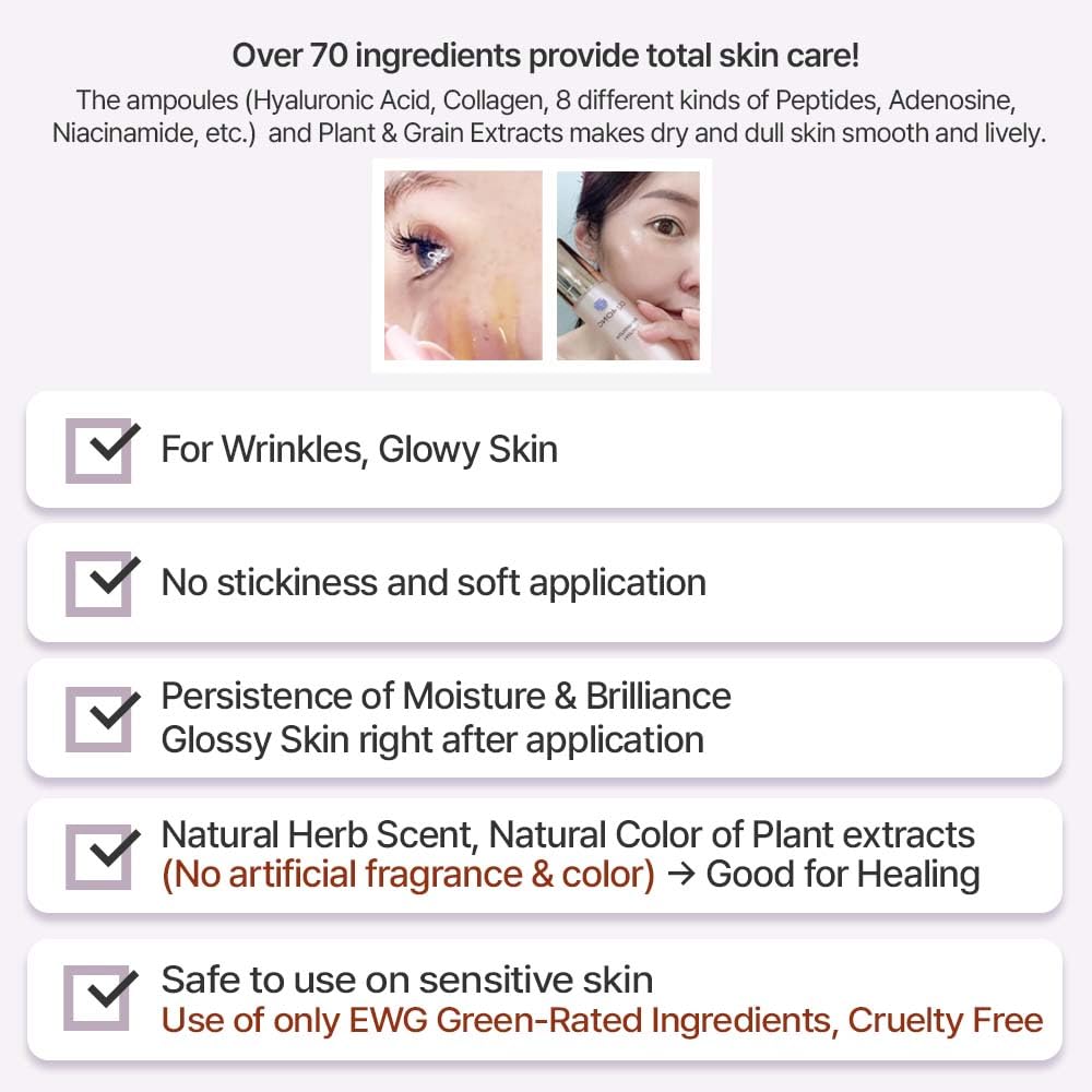 Ampoule Facial Serum 1.69 fl oz for Glowy Skin, Hydrating, Wrinkles, Dark spot, Fleckles & Blemish/Hyaluronic Acid, Vitamin C, Collagen, Peptide, Niacinamide/Natural Herb Scent/Korean