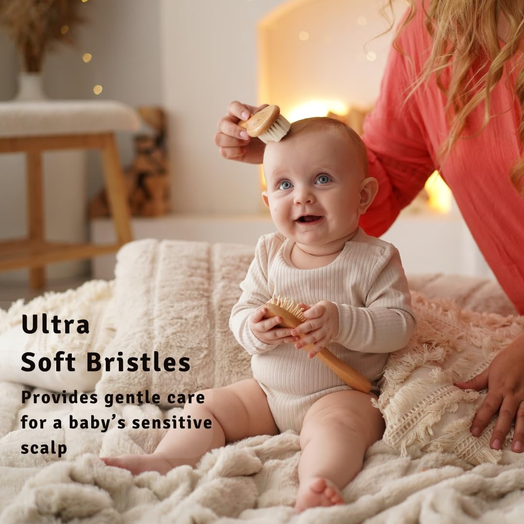 Baby Hair Brush - Ultra Soft Goat Bristles - Wooden Cradle Cap Brush for Newborns, Infants, Toddlers - Gentle Scalp Grooming and Styling for Baby Girls and Boys