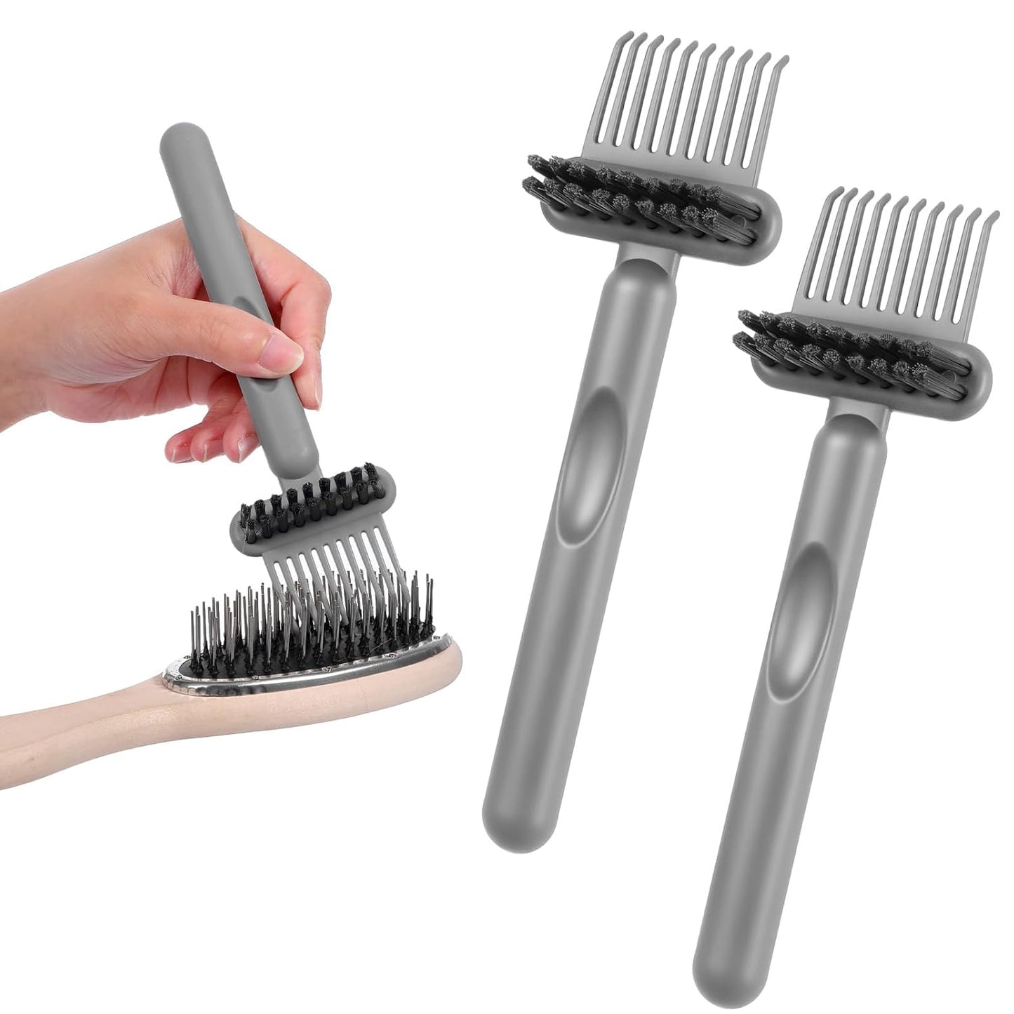 2Pcs 2-in-1 Hair Brush Cleaner and Remover Tools, Dual-Sided Comb Effective Hairbrush Cleaner for Removing Hair and Dust Home Salon Travel Use(Grey)