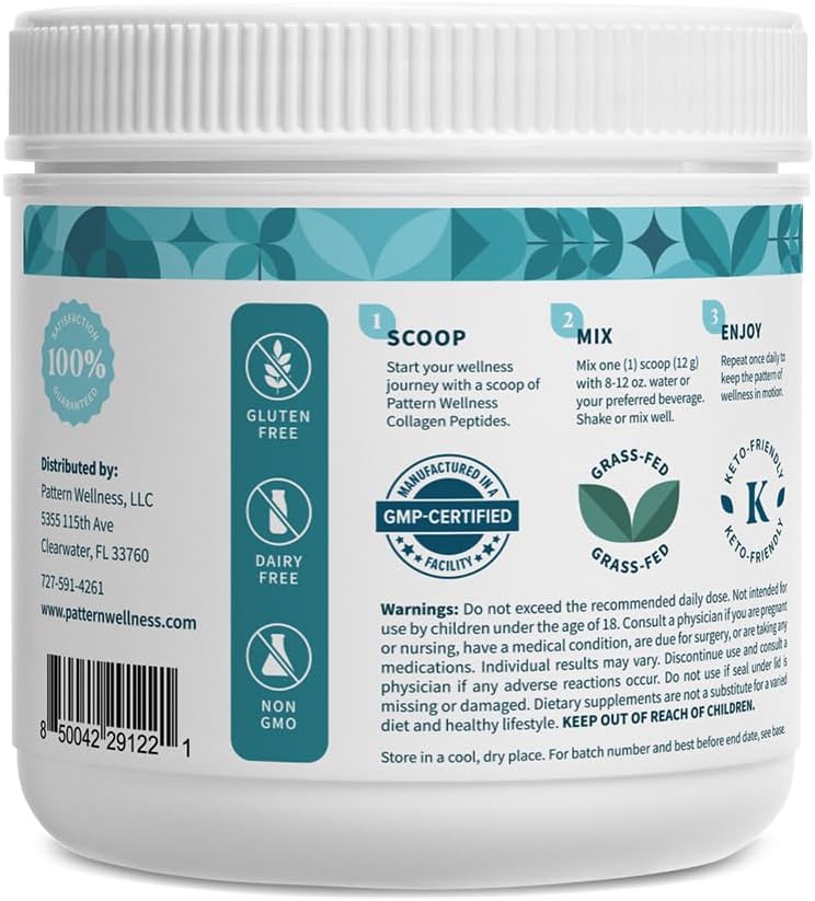 Pattern Wellness Collagen Peptides Powder (Type I & III) - Hair, Nails, Skin & Joint Support - Grass Fed & Pasture-Raised - Hydrolyzed, Non-GMO, Dairy Free, & Keto-Friendly - Birthday Cake (13 Oz)