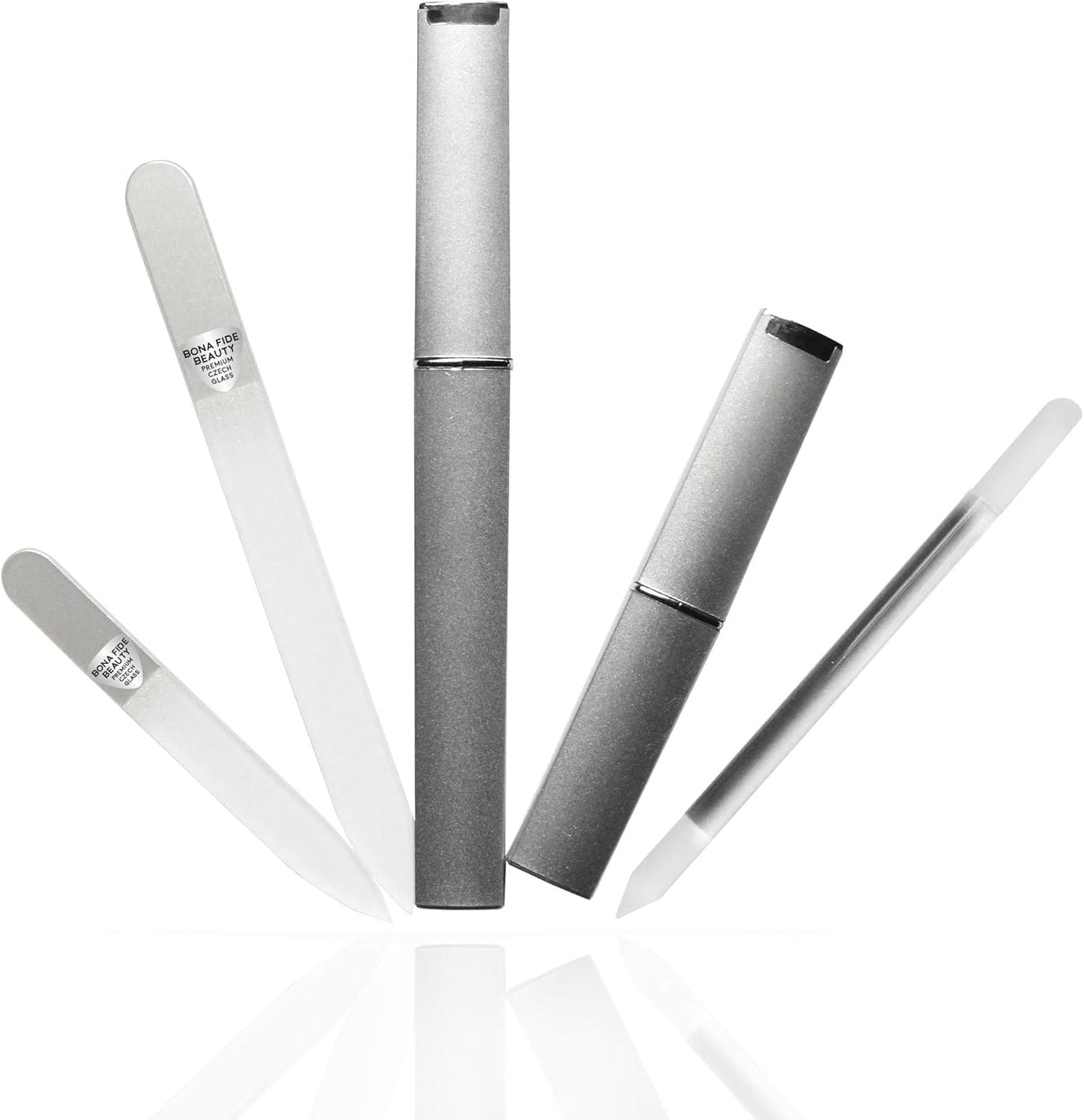 Bona Fide Beauty Glass Nail Files Kit in Silver - 3Pc Set Includes Glass Cuticle Pusher, Mini Travel Nail File, and Medium Glass File for Natural Nails