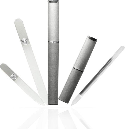 Bona Fide Beauty Glass Nail Files Kit in Silver - 3Pc Set Includes Glass Cuticle Pusher, Mini Travel Nail File, and Medium Glass File for Natural Nails