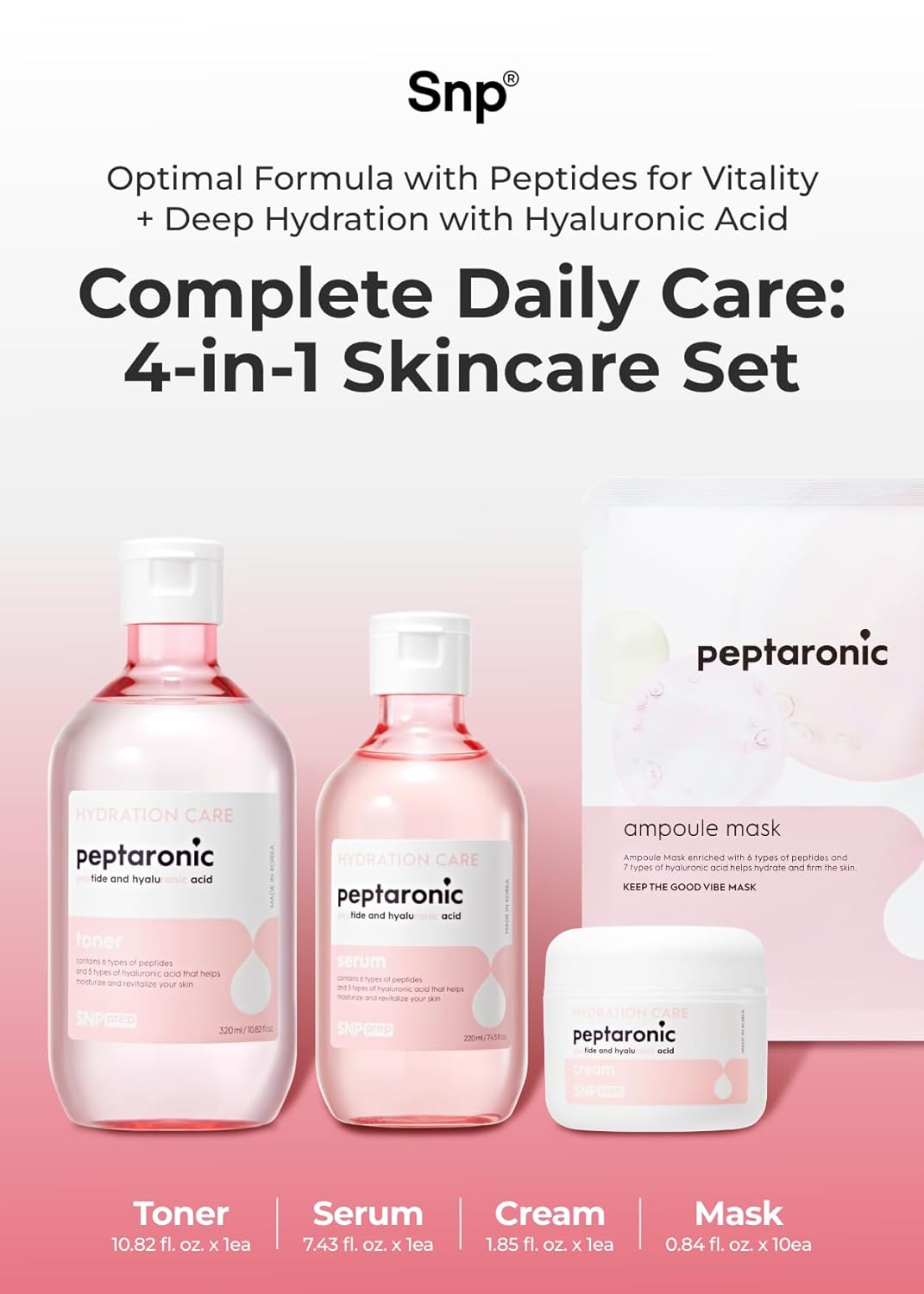Snp 6 Peptides + 5 Hyaluronic Acid Skincare Set | 4-in-1 Kit of Toner, Serum, Cream & Sheet Masks | Moisturizing, Firming & Hydrating | Korean Skincare Set for Dry & Sensitive Skin | Peptaronic Set