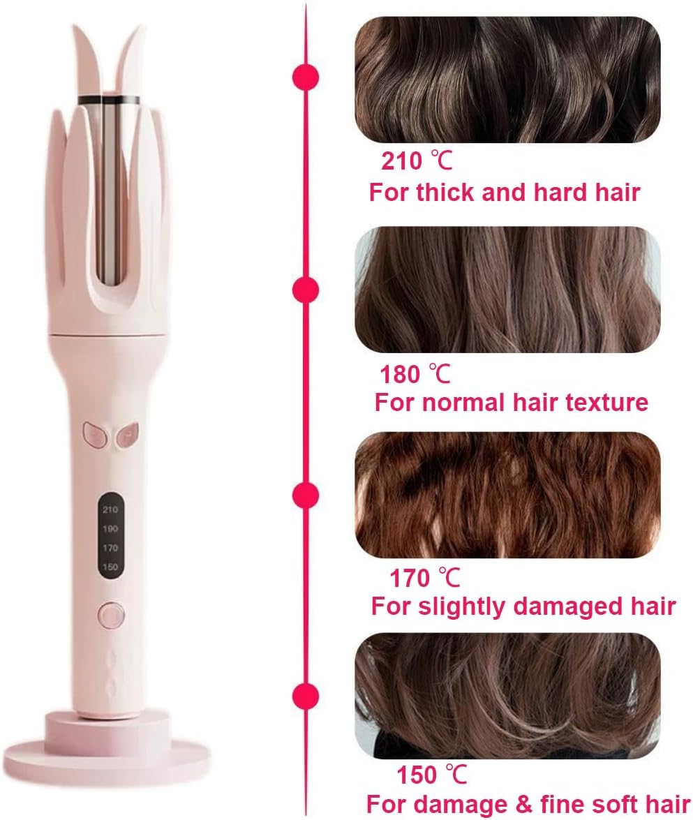 Automatic Hair Curler, Automatic Curling Iron Hair Waver with 4 Temperature&15s Timer，Automatic Shut-Off, Anti-Scald, Anti-Tangle Rotating Curling Travel Size 110V-240V (Pink)
