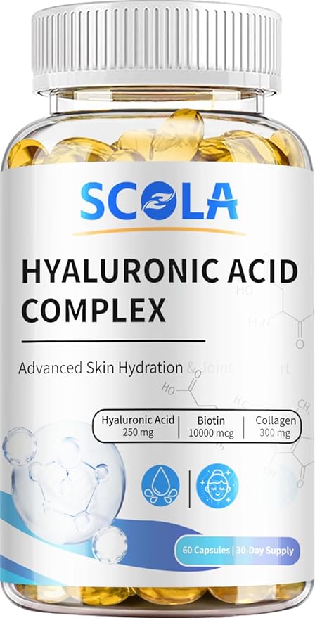 SCOLA Hyaluronic Acid- Hydration with 250 mg Hyaluronic Acid, and 10000 mcg Biotin - 60 Vegan Capsules