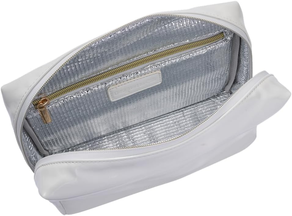 Stay Golden Insulated Waterproof Makeup Bag for Women Heat-Resistant Travel Cosmetic & Toiletry Bag | Luxurious Vegan Leather Portable Makeup Organizer - (Gold Zipper, White)