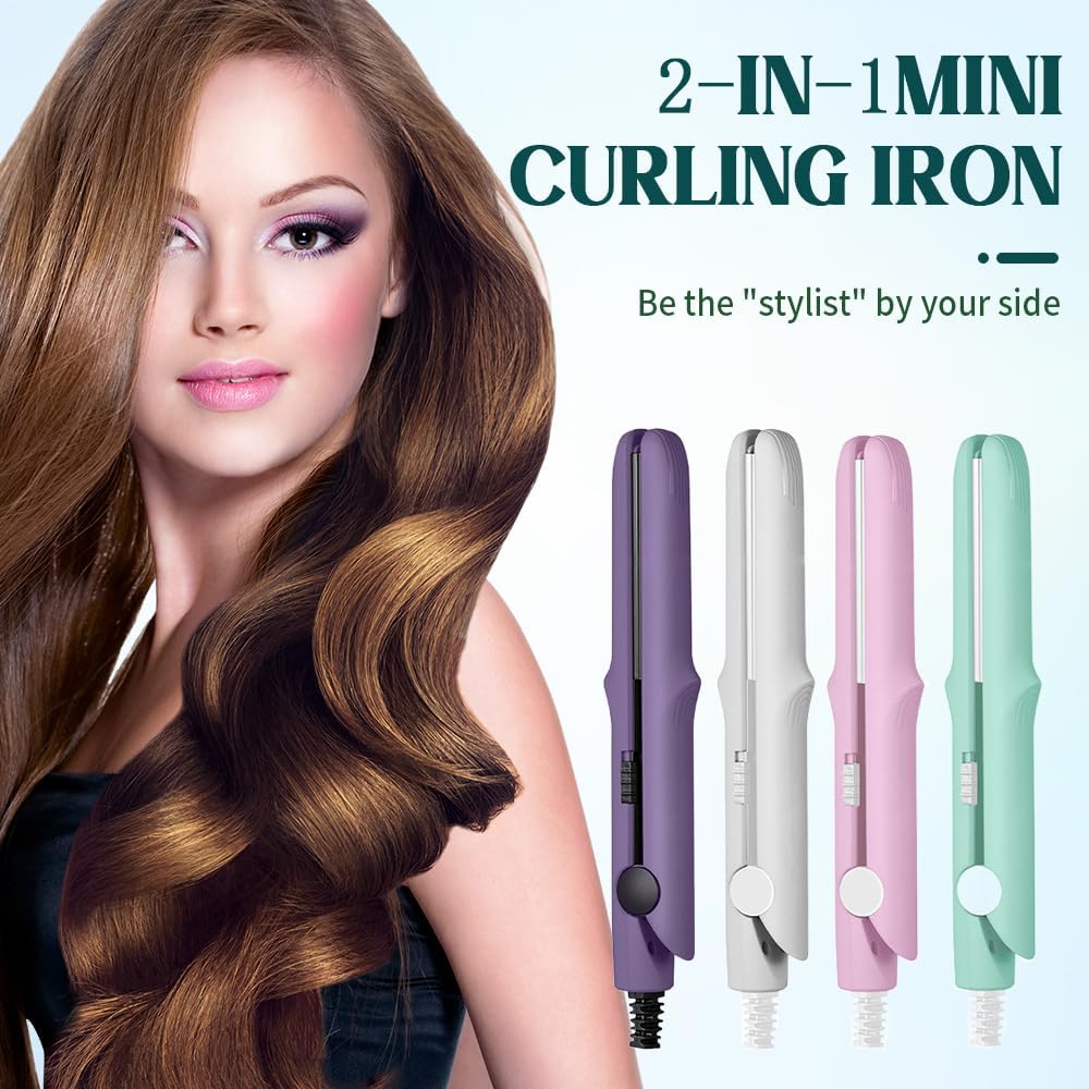 Upgrade 2-in-1 Curling Wand and Flat Iron, 2025 Upgrade Mini Dual Purpose Curling Iron, Portable Hair Straightener Travel Curling Wand for Women Short and Long Hairs, All Hair Types (Dark Purple)