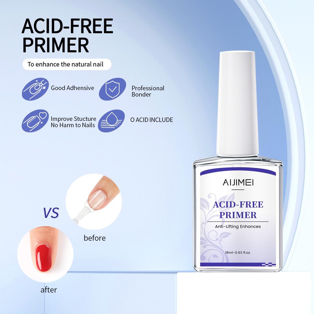 AIJIMEI Professional Natural Nail Polish Dehydration and Acid Free Primer for Acrylic Acid and Gel Nail Polish, Quick Drying Advanced Adhesive Set（18ml/0.63fl.oz)
