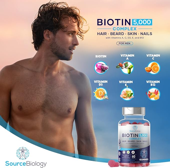 Biotin 5000 Mcg Complex - Hair, Beard, Skin, Nails Formula for Men - High Potency Vegan Friendly Gummies - with Vitamins A, C, D3, and B12