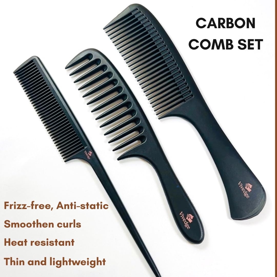 VIVEDGE| Carbon Comb Set for Hair Styling| Anti Static Frizz-free Detangling Wide Tooth Parting Combs with Premium Hair Acccessories | Gift set for loved ones(Pink-Light Yellow)