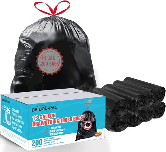 13 Gallon Trash Bags Drawstring, 200 Count Bulk, Black & Unscented Garbage Bags, Multi-purpose Tall Kitchen Trash Bags Can Liners for Business Home Commercial and Industrial
