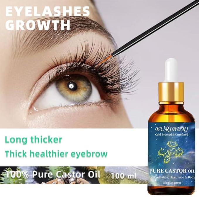 BURIBURI Castor Oil Pure Carrier Oil with Applicator Kit, 100% Pure, Organic, Cold-Pressed, Natural Castor Oil 100ml/3.38fl.oz