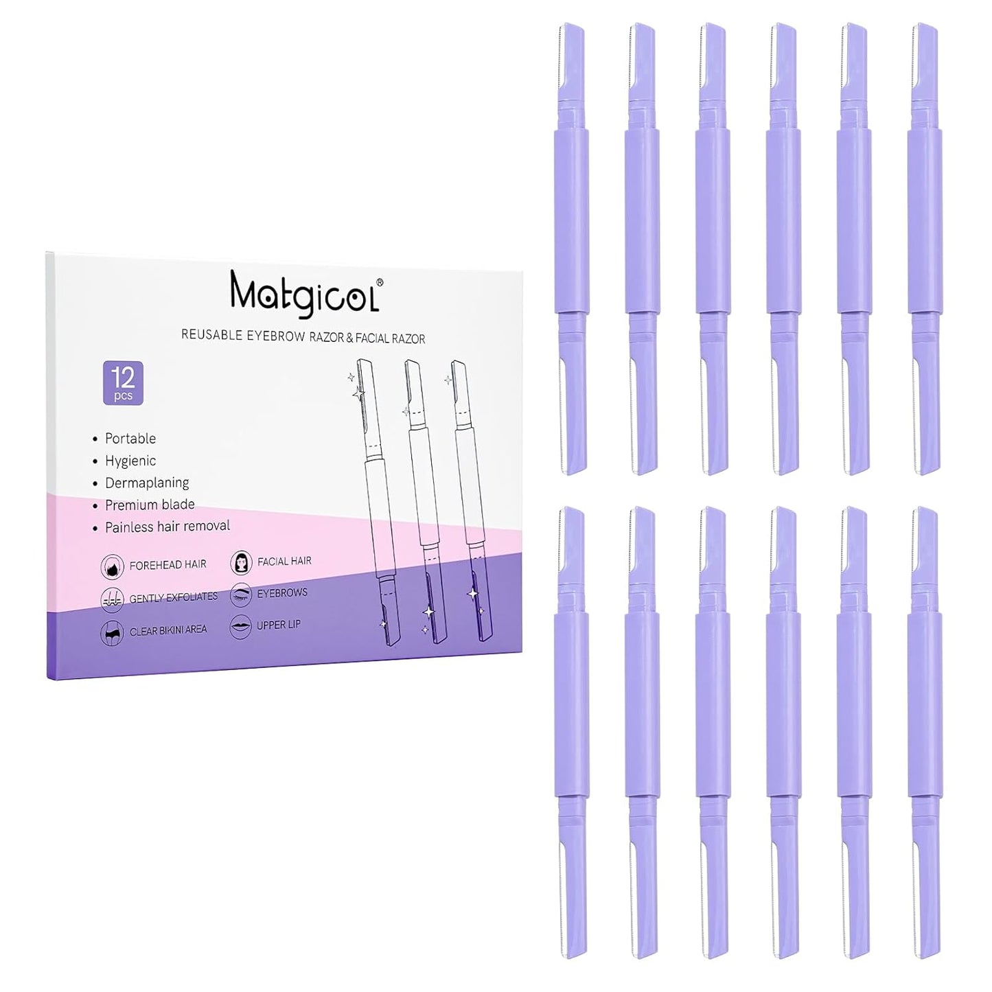 Dermaplane Razor for Women Face & Eyebrow - Dermaplaning Tool for Peach Fuzz Facial Hair Removal,High Precision Blade for Smooth Skin (Purple, 12 Count)