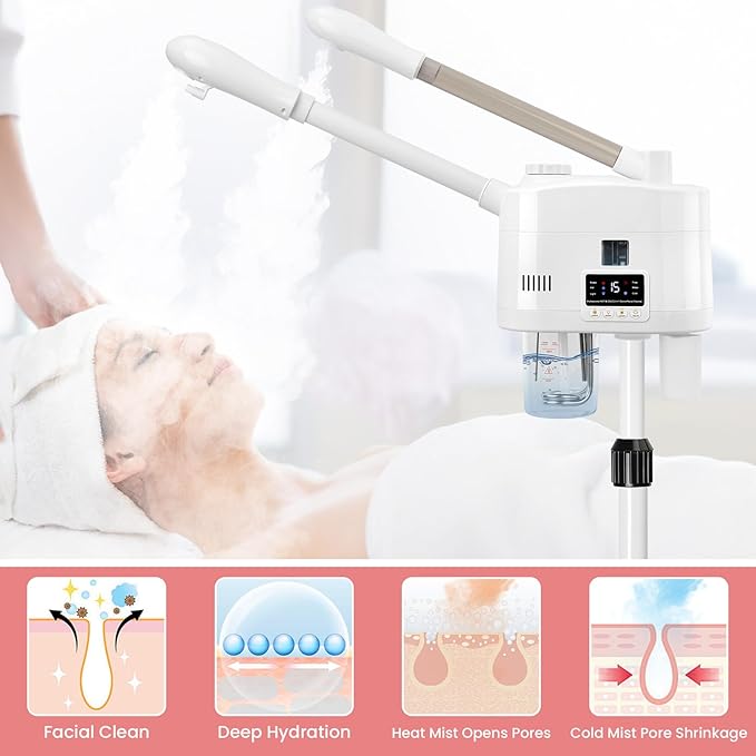 Professional Facial Steamer, 2 in 1 Facial Steamer with Hot&Cold Nozzle, Esthetician Face Steamer with Digital Display for Spa, Salon and Home Use