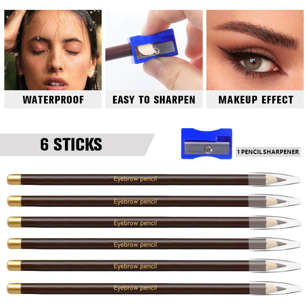 6Pcs Brown Eyebrow Pencils for Women,Wooden Hard-Core Eyebrow Eyeliner Pencil,Sharpener Included,Long Lasting Waterproof Sweat-proof Create a Natural Eye Brow Makeup,Beginner Brow Pencil,Cruelty-Free