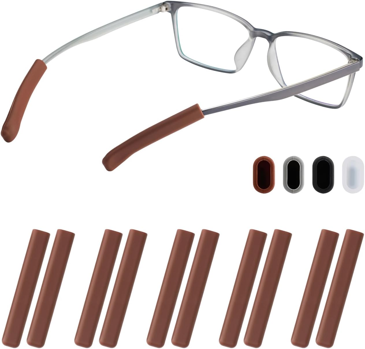 Glasses Ear Cushion, Non Slip Soft Silicone Eyeglass Ear Cushions, Anti-Slip Comfort Eyeglasses Temple Tips Sleeve Retainer, Comfort Eye Glass Ear Grips, Glasses Accessories (5 Brown Pairs)