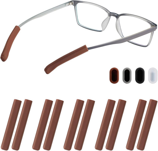 Glasses Ear Cushion, Non Slip Soft Silicone Eyeglass Ear Cushions, Anti-Slip Comfort Eyeglasses Temple Tips Sleeve Retainer, Comfort Eye Glass Ear Grips, Glasses Accessories (5 Brown Pairs)