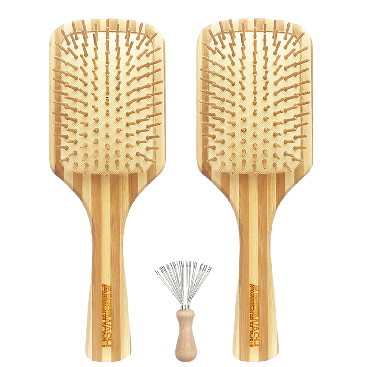 Bamboo Hair Brush with Cleaner Tool for Women Men Thick Curly Hair, Bamboo Bristle Large Wood Paddle Detangling Brush Helps Hair Growth, Enhance Shine & Health, Massaging Scalp - 2 Pack
