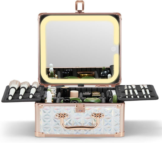 Qislee Makeup Box with A Detachable Lighted Mirror, Waterproof Travel Train Case, Cosmetic Organizer and Makeup Suitcase with Adjustable Dividers, Magnetic LED Mirror(Sparkling Blue)