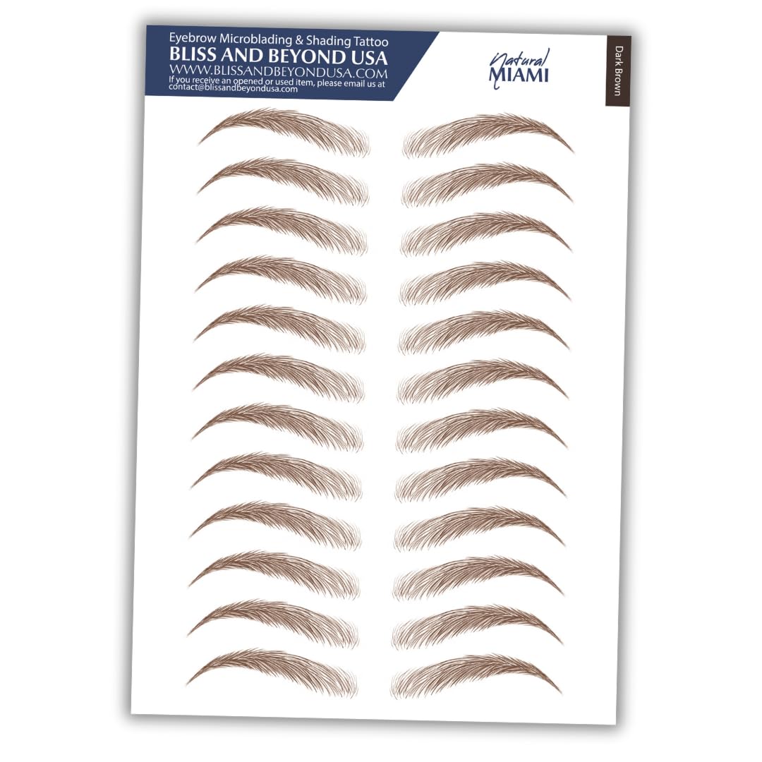 Bliss and Beyond USA | Waterproof Eyebrow Tattoo Stickers. A real hair stroke look. Hair replacement without surgery. Solution for hair loss. Bushy Tinted eyebrow tattoos. (New Miami, Dark Brown)