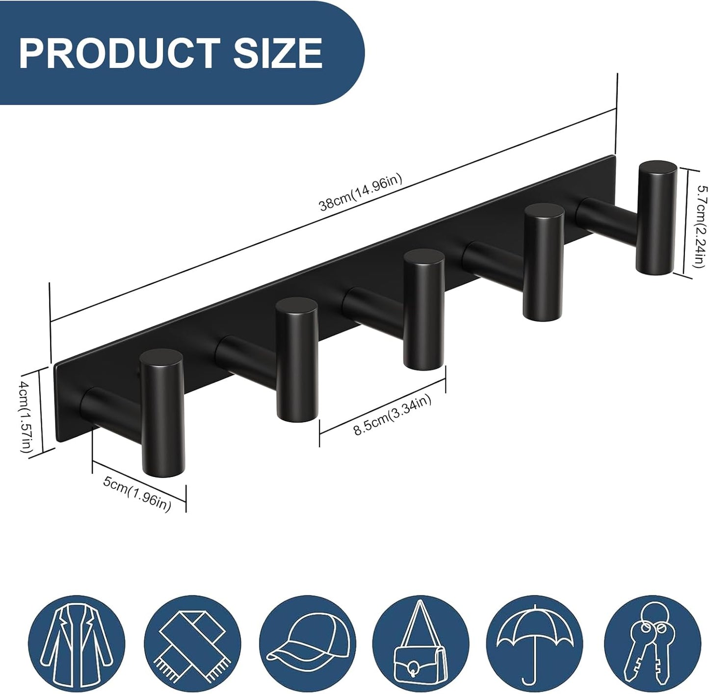 HUFEEOH 2 Pack Coat Hooks Wall Mount, Black T Shaped 5 Hooks Stainless Steel Wall Hooks Towel Rack for Hanging, Heavy Duty Key Holder Hat Rack Used for Bathroom Mudroom Entryway