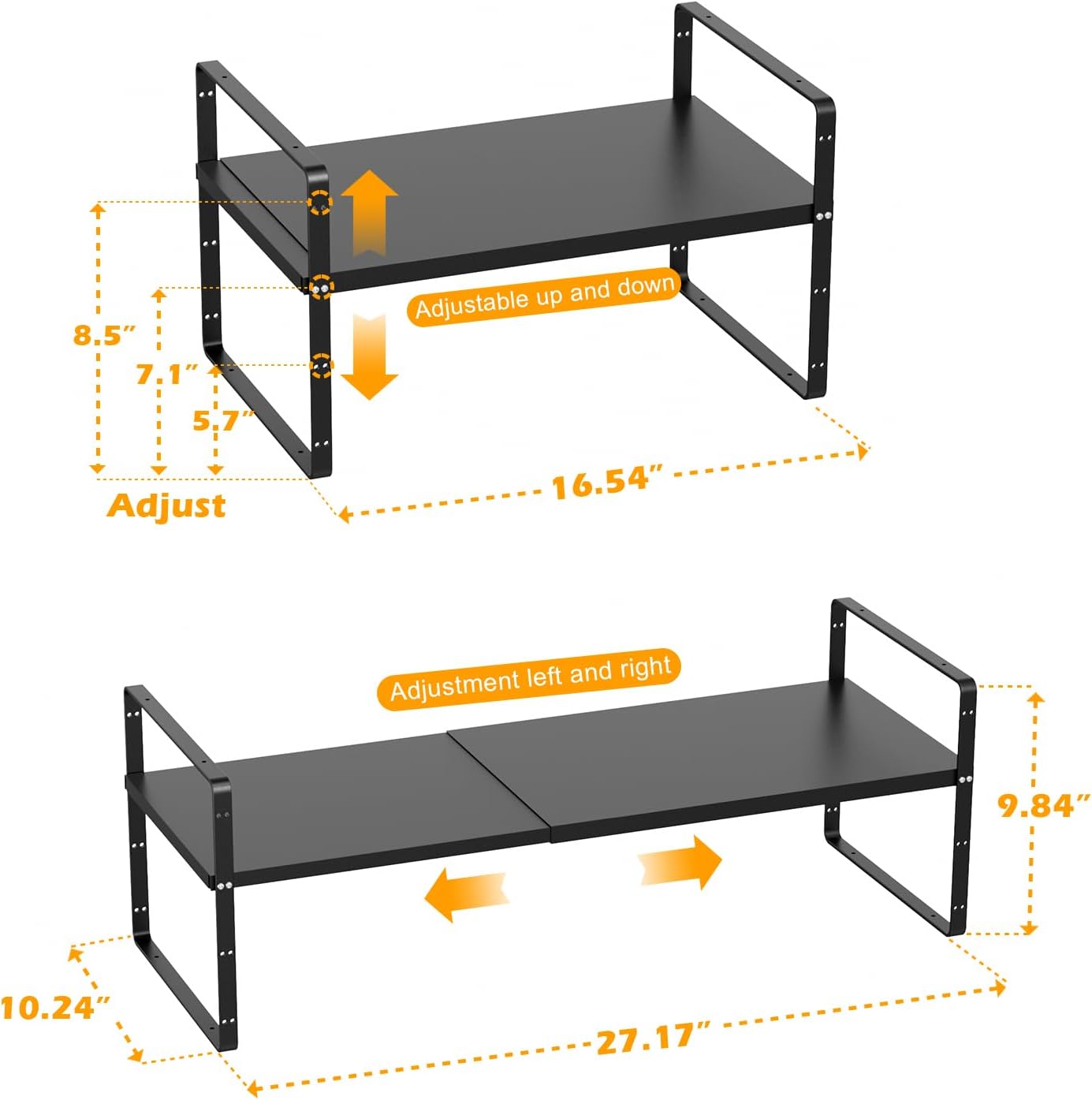 Slideep Expandable Shelf Rack Counter Organizer Shelf 16.54'' to 27.17'', Stackable Cabinet Shelves Organizer Storage Rack Cupboard Stand Spice Rack for Kitchen Bathroom Pantry -Black