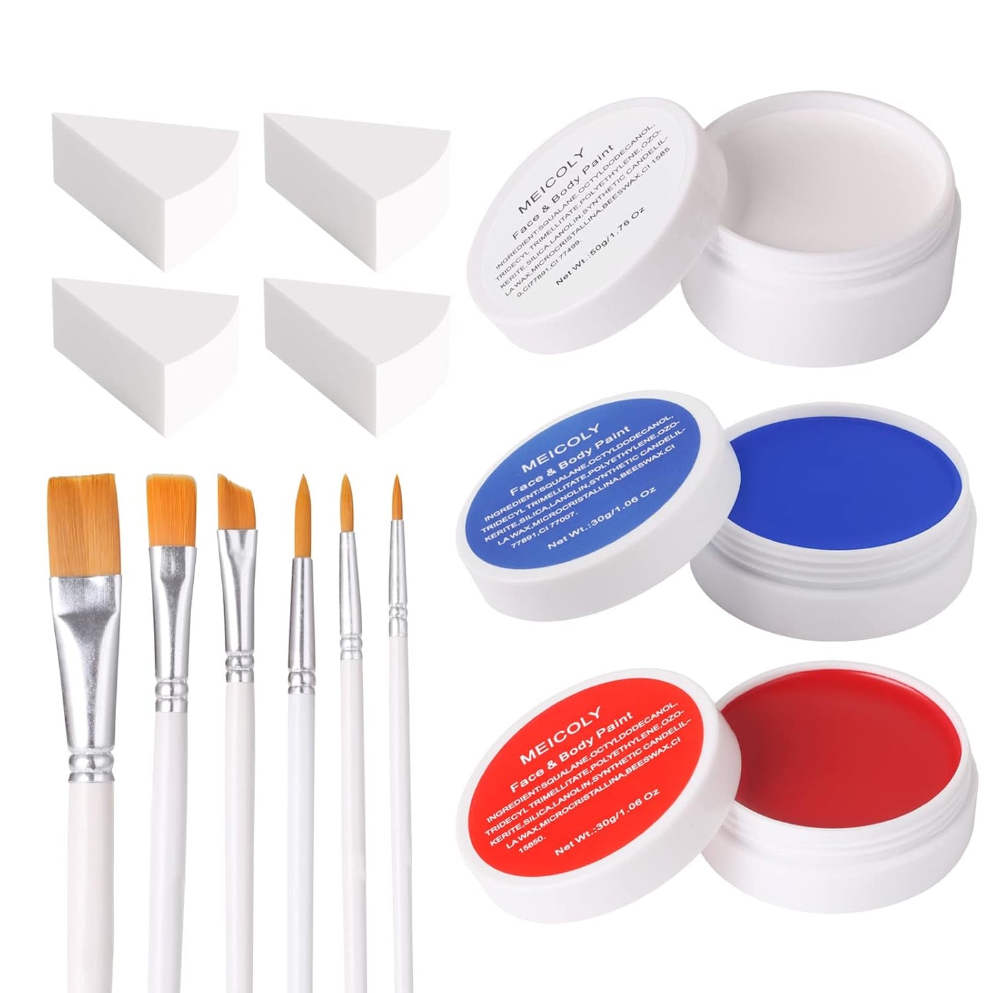 MEICOLY Red White Blue Face Body Paint Set,4th of July Accessories,4th of July Face Paint,4th of July Outfits for Women,Patriotic Independence Day Pride Face Paint with Painting Brushes and Sponges
