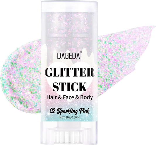 DAGEDA Sparkling Pink Body Glitter Stick,Sparkly Face Glitter Makeup,Holographic Hair Glitters Mermaid Makeup Rave Outfits for Women, Shimmer Face Paint Stick Singer Concert Accessories