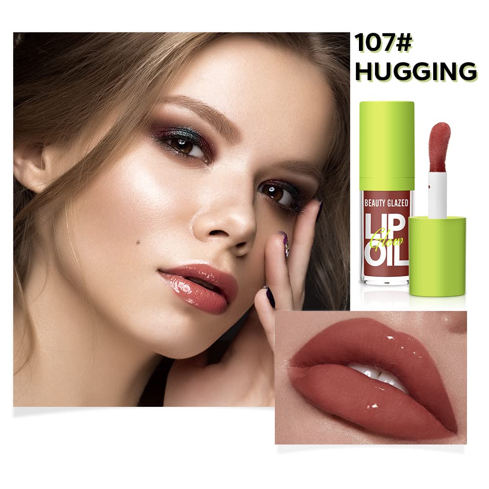 Beauty Glazed Big Brush Head Lip Oil, Ultra-Hydrating & Nourishing, Smooth Glossy Finish Lip Glow Oil, Shiny and Vegan Tinted Lip Gloss, Non-Sticky Formula (107# HUGGING)