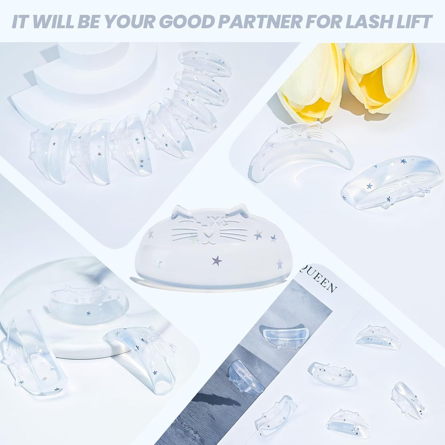 Libeauty Premium Lash Lift Rods, Eyelash Lift Shields 7 Sizes, Reusable Silicone Pads for Eyelash Curling & Lifting, C-Curl White Cat Shape