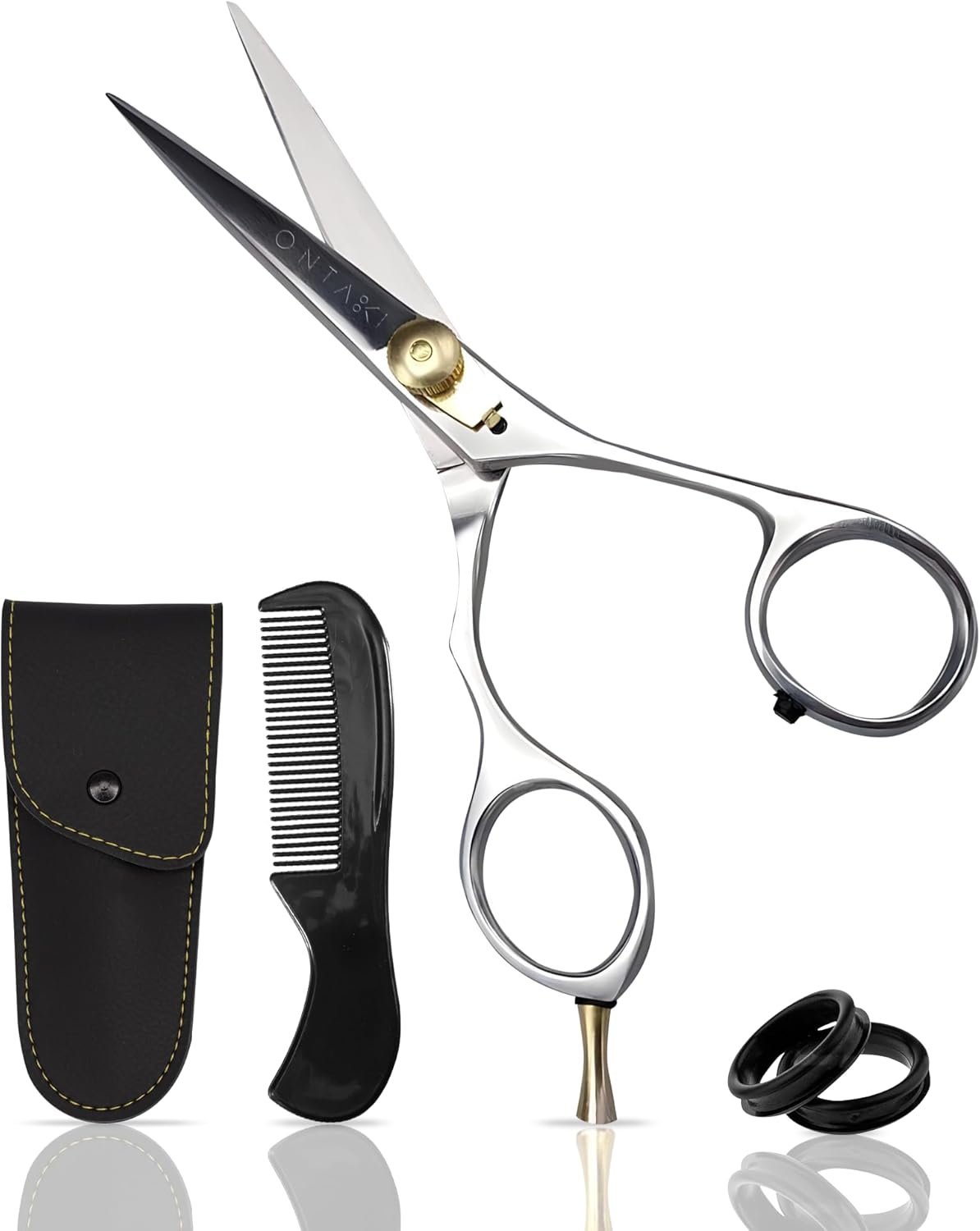 Ontaki 5.5-Inch Japanese Mustache & Beard Scissors - Left-Handed Silver 420C Steel - Hand-Forged & Left-Handed Beard Shears - Ergonomic & Hair Scissors - Comb & Pouch & Barber Shears for Facial Hair